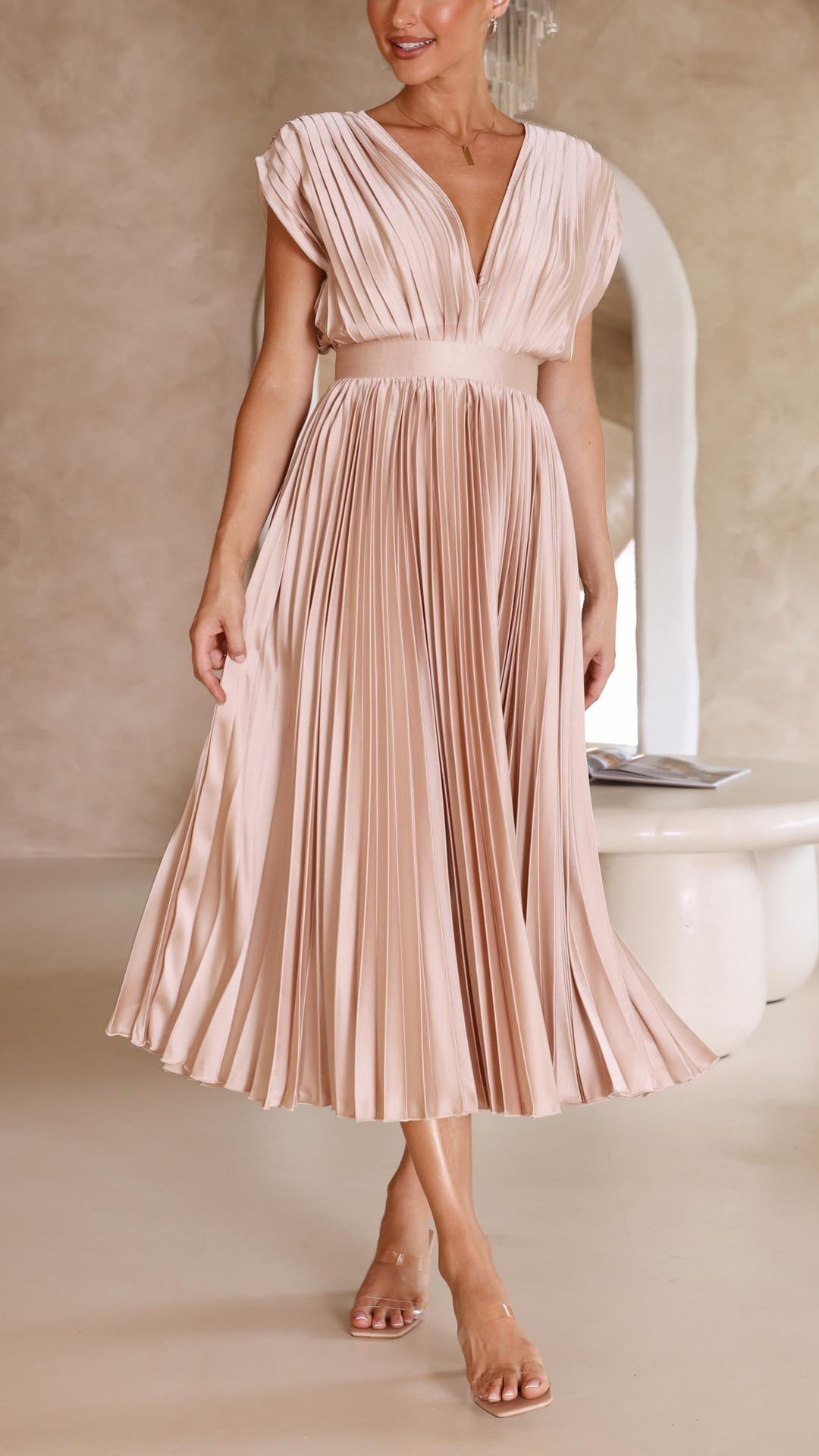 Formal women's V-neck pleated gown, sleeveless, ideal for evening parties & events.