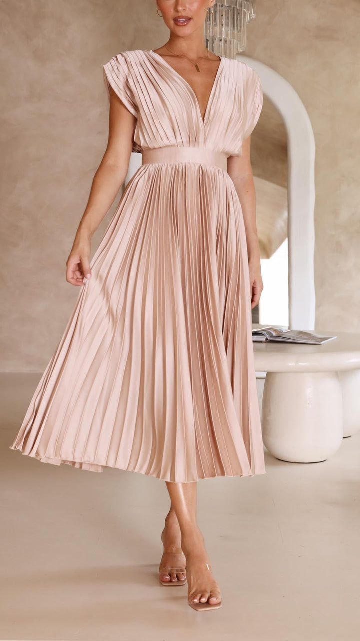 Elegant long pleated dress for women, deep V-neck, a stunning choice for any formal occasion.