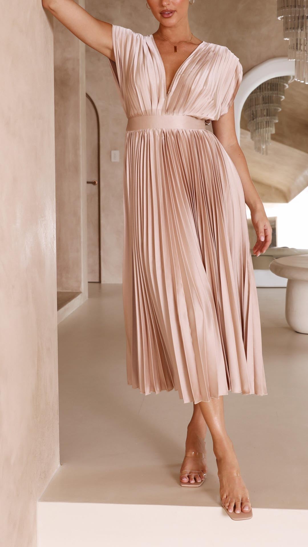 Sophisticated women's pleated maxi dress, V-neck, perfect for cocktail parties & galas.