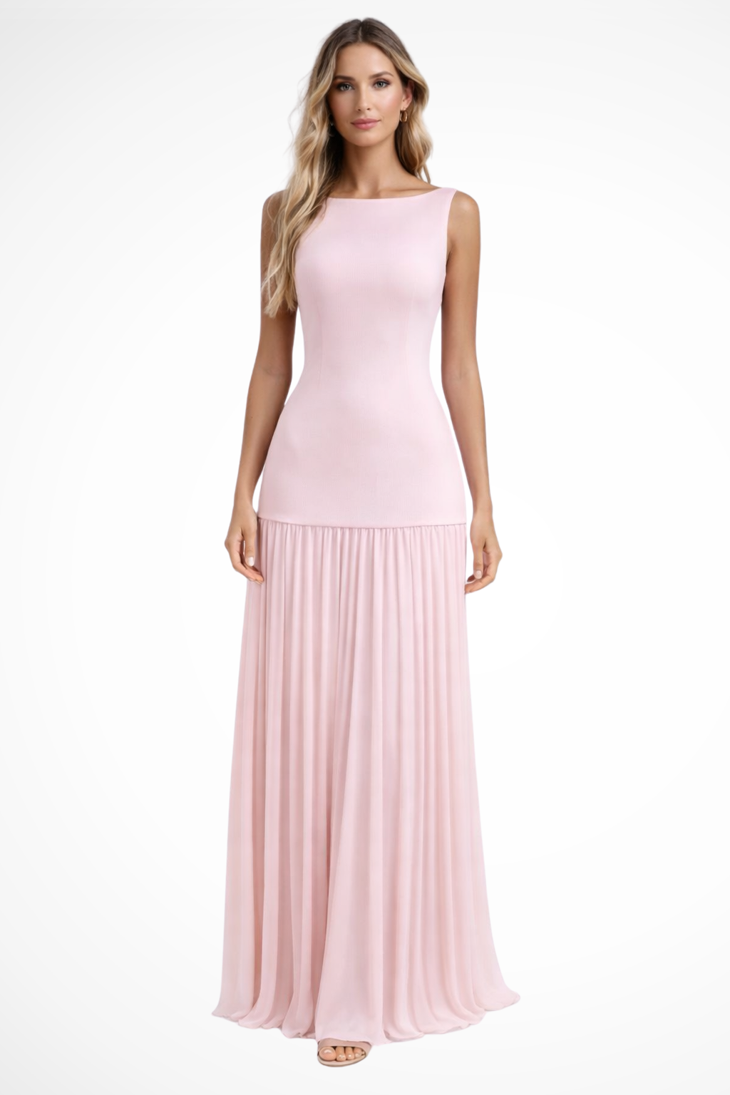 Beautiful women's elegant pleated maxi dress, ideal evening gown or formal wear for gala events.