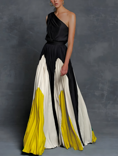 Elegant women's pleated maxi dress for formal occasions. Perfect for wedding guests, galas, or evening parties. A-line silhouette.