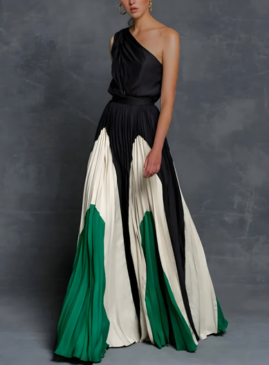 Stylish one-shoulder color block pleated maxi dress. Formal A-line gown for women, ideal for special occasion events & parties.