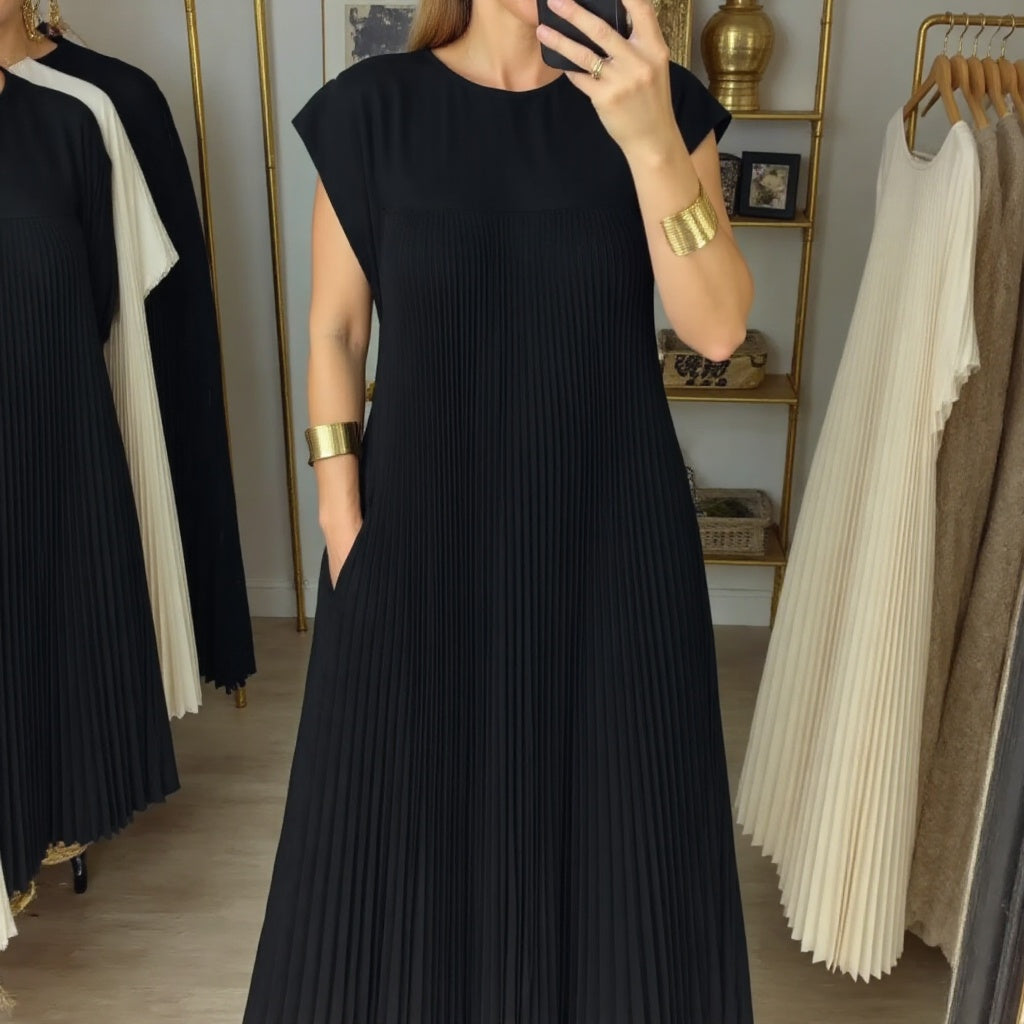 Classic elegant pleated maxi dress for women, a comfortable flowing long dress perfect for occasions.
