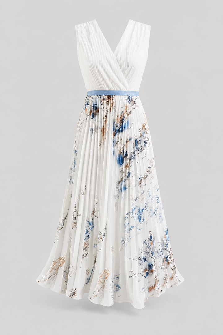 Elegant women's pleated maxi dress with V-neck & waist tie, perfect for summer events & parties.