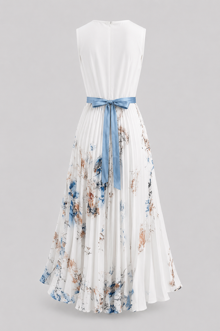 Flowy sleeveless maxi dress for women, featuring a V-neck, elegant pleats, and a stylish tie-waist.