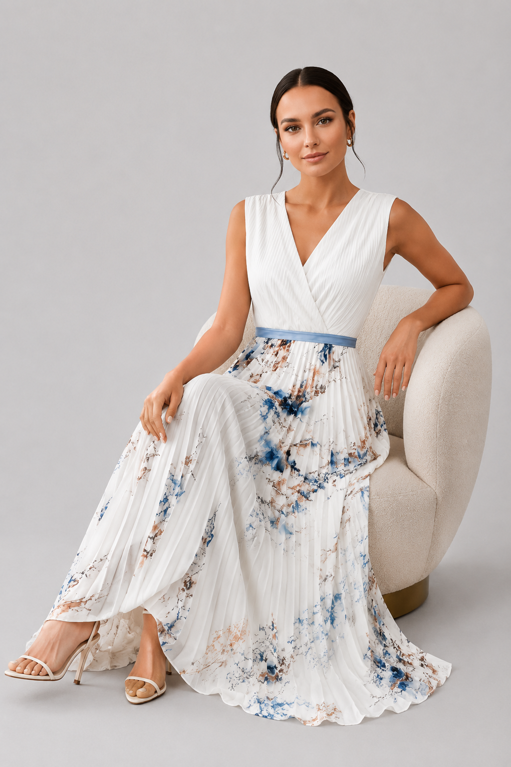 Beautiful women's summer maxi dress: sleeveless, V-neck, elegant pleats, and adjustable waist tie.