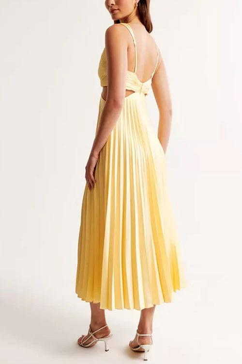 Flowing women's pleated midi dress featuring a stylish V-neck, ideal for spring & summer events.