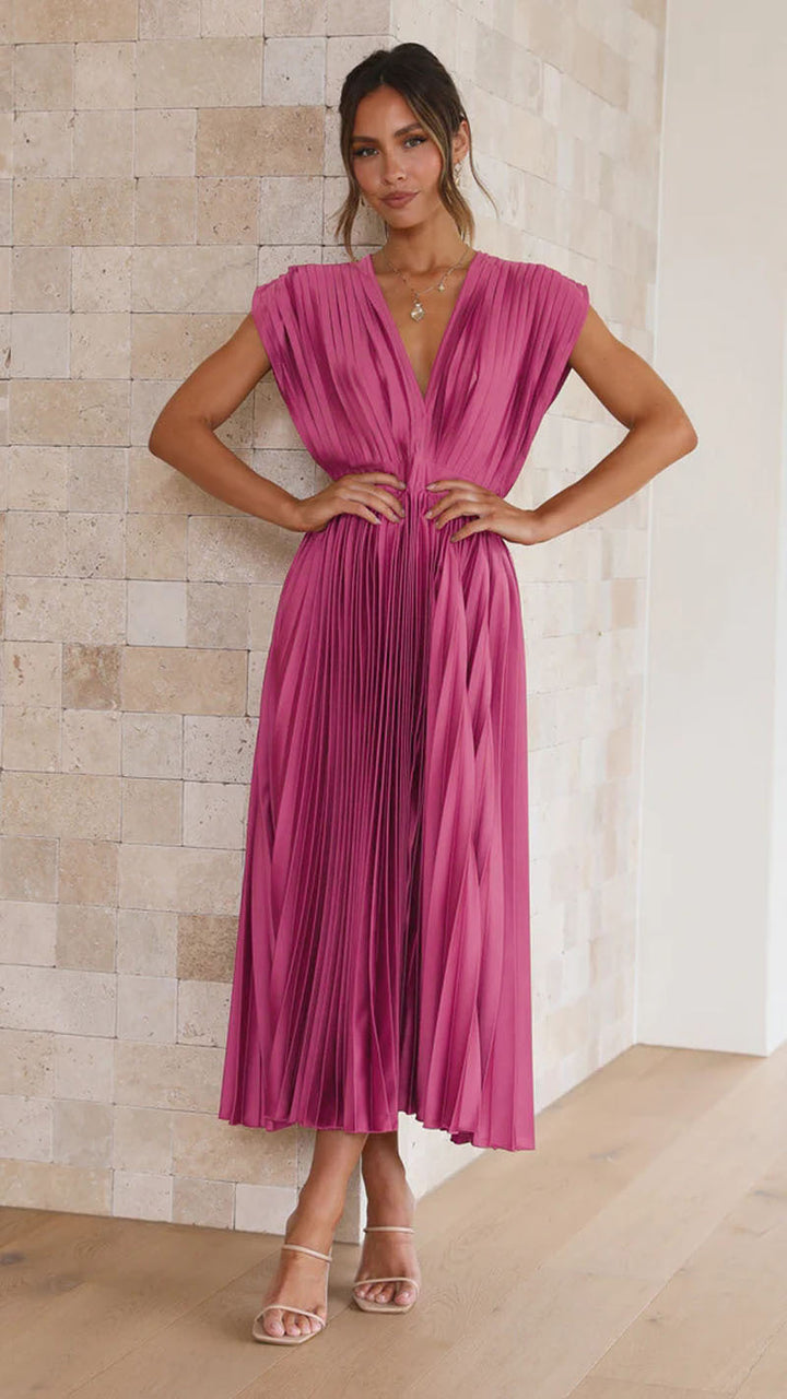Women's casual pleated midi dress with a V-neck, offering effortless style and comfort.