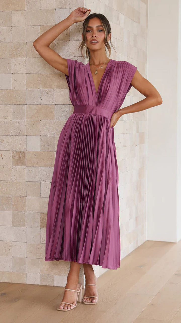 Formal V-neck pleated midi dress for women, ideal for elegant occasion wear.