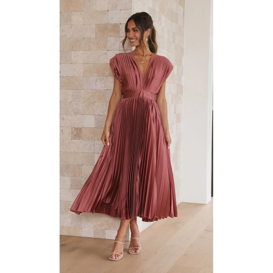 Flattering women's midi dress with V-neckline and pleats, suitable for various events.