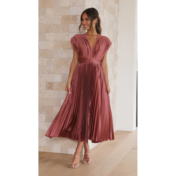 Flattering women's midi dress with V-neckline and pleats, suitable for various events.