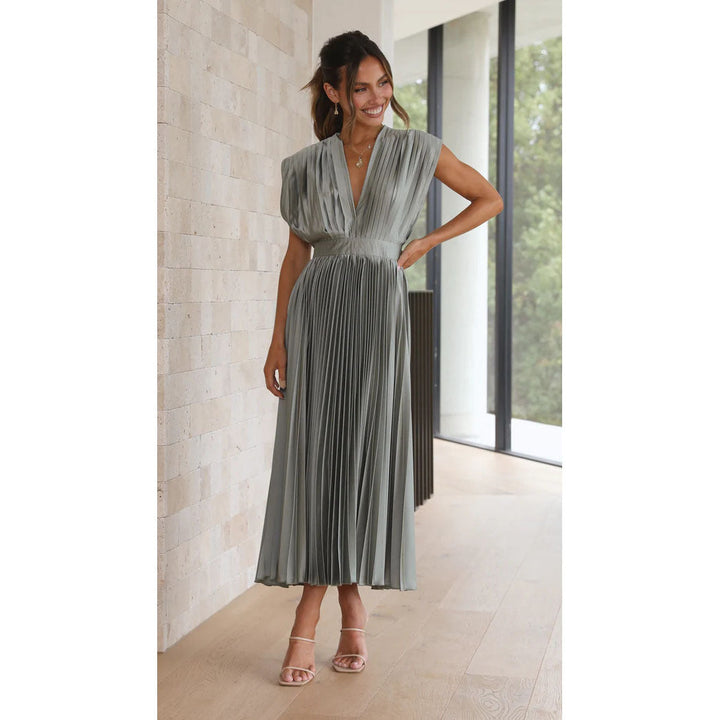 Women's occasion wear: a stunning pleated V-neck midi dress with a flattering silhouette.