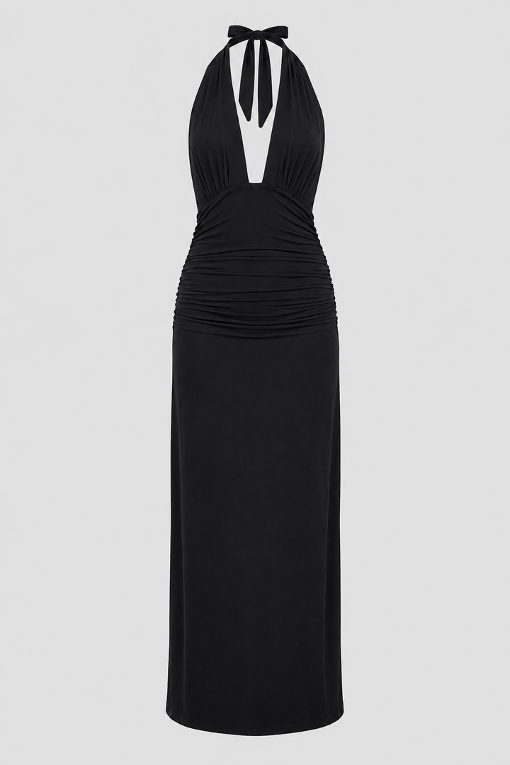 Elegant women's plunge halter maxi dress. Perfect open-back gown for special occasions & formal events.