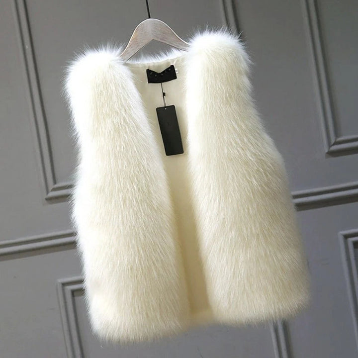 Elegant women's plush vest for winter layering. Cozy, warm sleeveless outerwear for fall fashion.