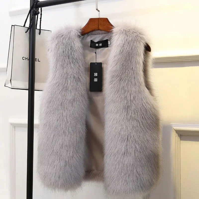 Elegant women's sleeveless plush vest, a cozy and warm layering piece for chic winter and fall fashion.