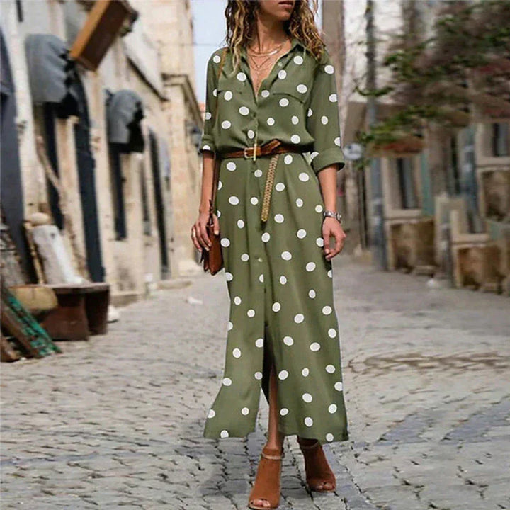 Elegant women's polka dot button-down maxi dress with long sleeves, perfect for versatile day wear.