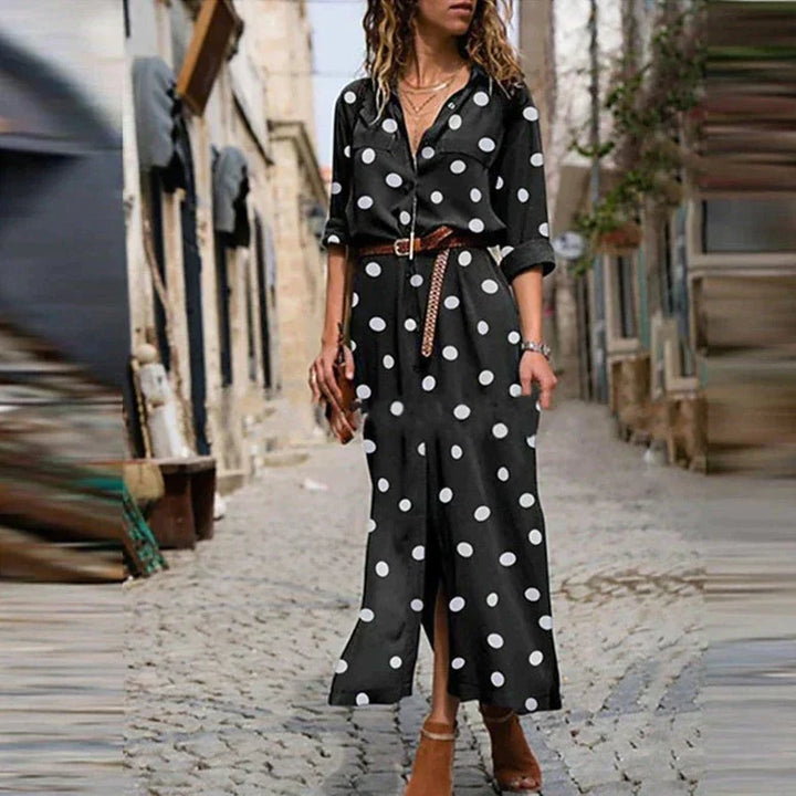 Modest elegant women's polka dot swing maxi dress with long sleeves, ideal for casual chic day outings.