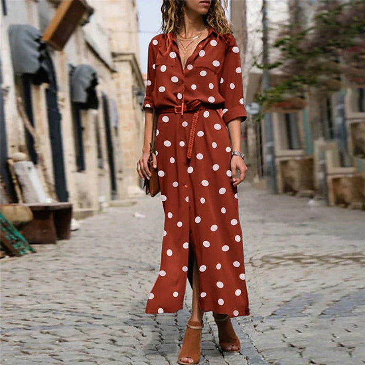 Versatile women's polka dot long sleeve button-down shirt dress, a stylish and elegant maxi for any occasion.