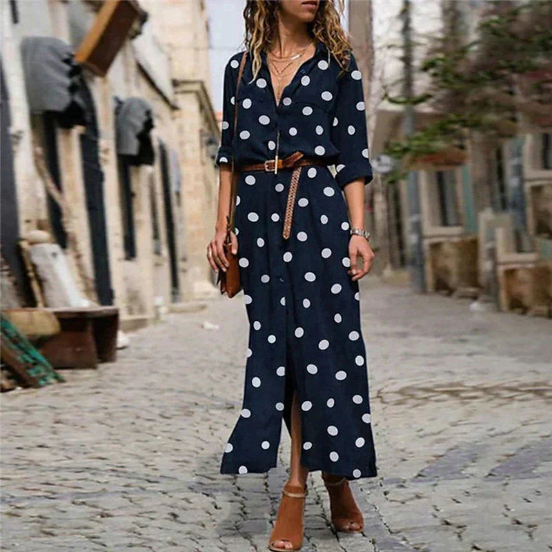 Classic polka dot long sleeve button-down maxi dress for women, offering an elegant, flowing, and comfortable fit.