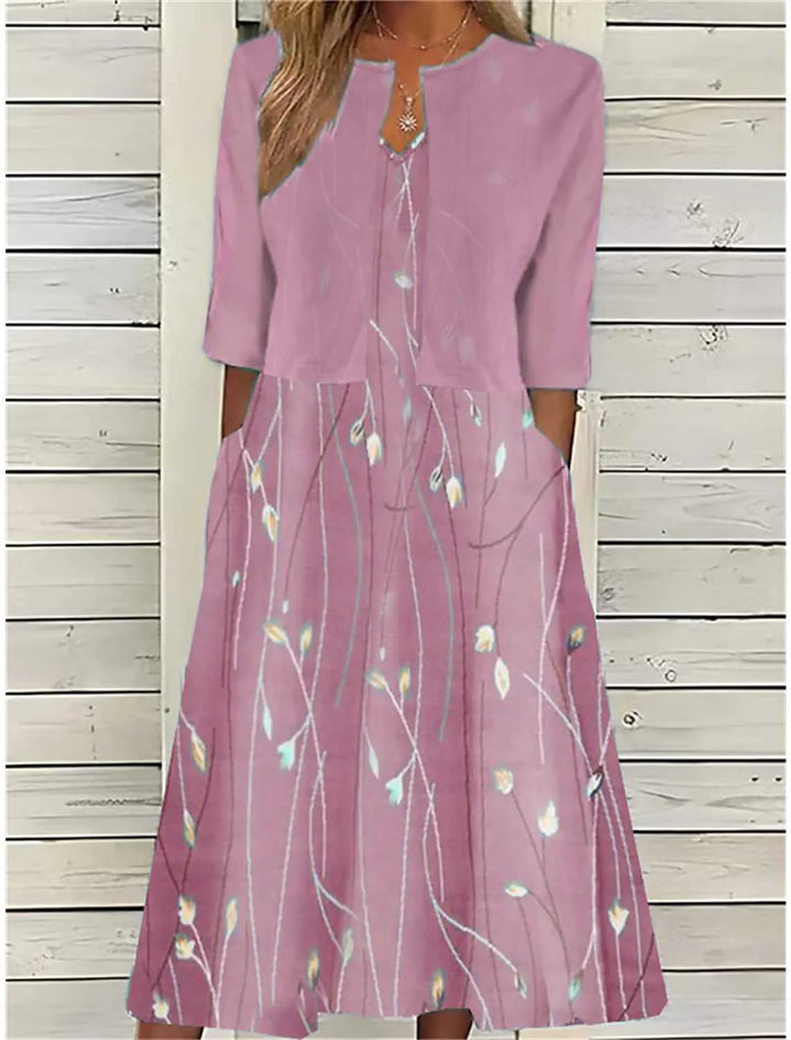 Versatile women's two-piece printed midi dress & 3/4 sleeve cover-up set for elegant modest summer and spring fashion.