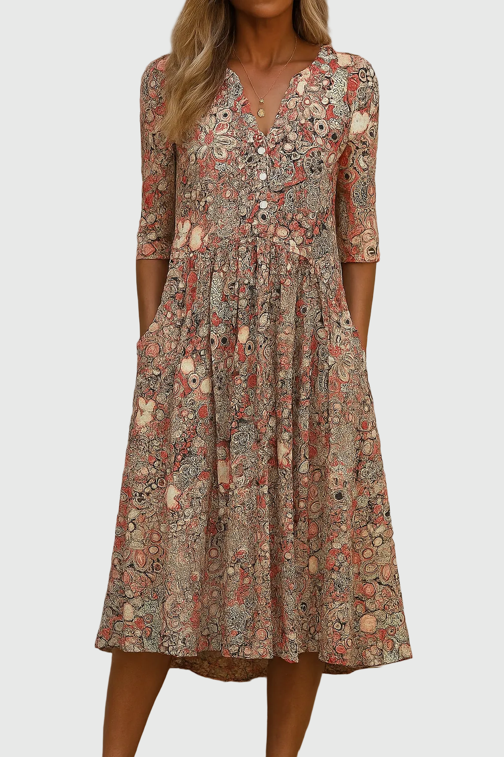 Elegant women's printed midi dress with v-neck and three-quarter sleeves, perfect for spring/summer casual wear.