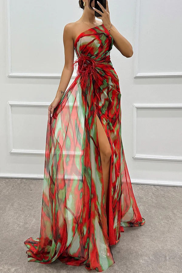 Blue printed one-shoulder maxi dress, a chic evening gown & formal dress for women's parties.