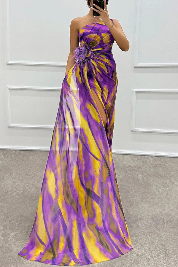 Women's red printed one-shoulder long dress, ideal for prom, gala, or wedding guest.
