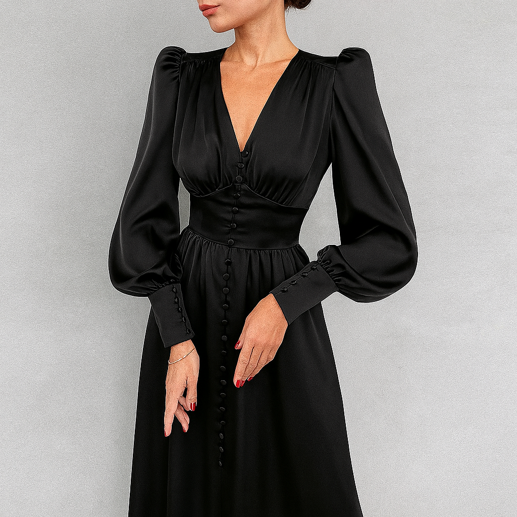 Elegant women's puff sleeve midi dress with V-neck. Perfect for spring & summer occasion wear.