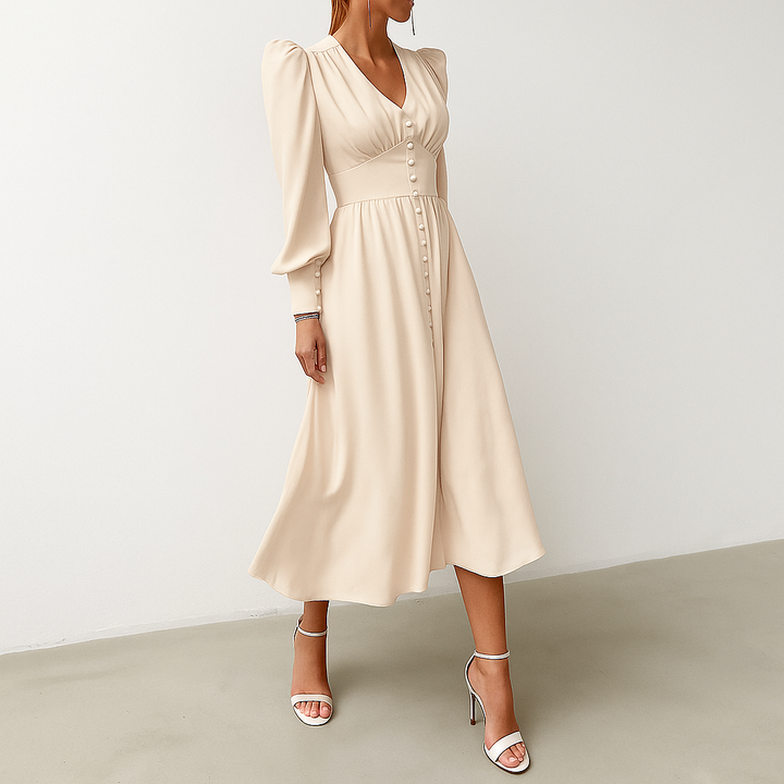 Versatile black V-neck puff shoulder midi dress. Feminine and comfortable for elegant style.