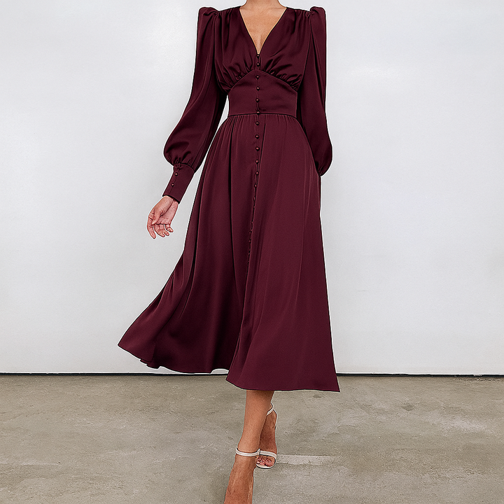 Chic beige puff sleeve midi dress for women. Ideal spring/summer fashion, elegant & comfortable.