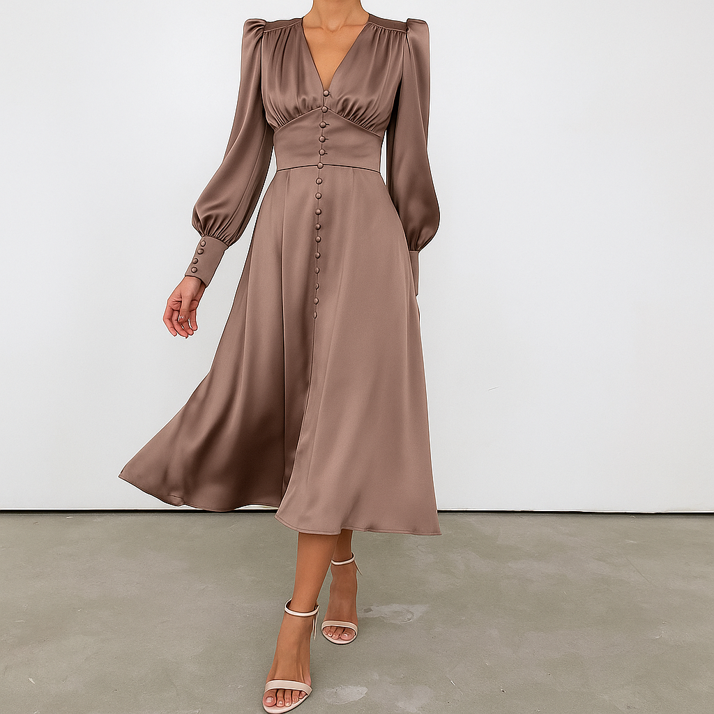 Stylish red women's midi dress featuring puffed shoulders & V-neck. Versatile for elegant events.