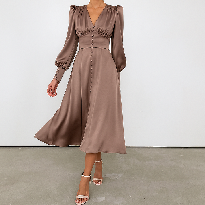Stylish red women's midi dress featuring puffed shoulders & V-neck. Versatile for elegant events.