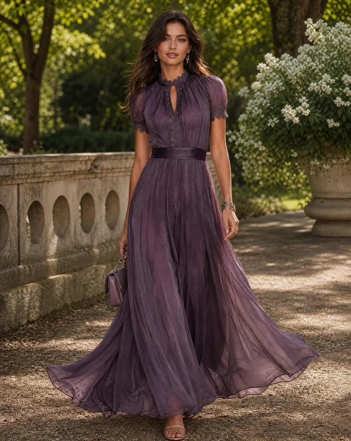 Elegant women's purple floral pleated maxi evening dress with long sleeves. Perfect for formal occasions.