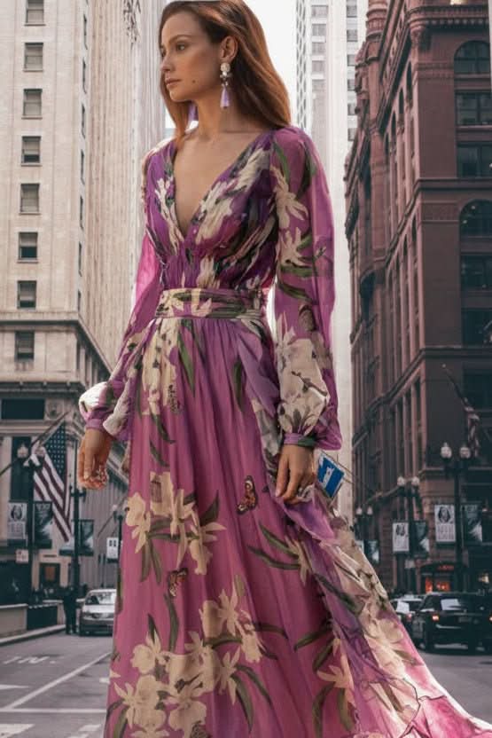 Elegant women's purple V-neck maxi dress, perfect for formal occasions or evening wear. Flowing special occasion apparel.