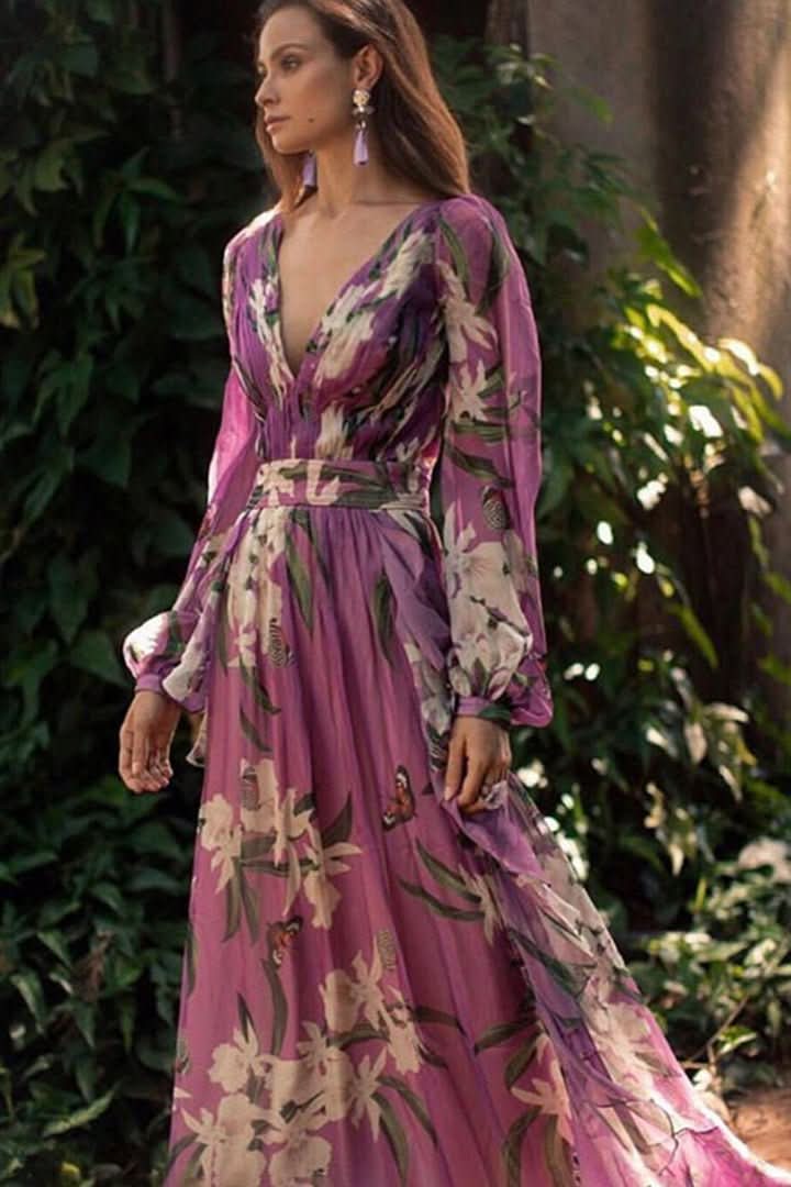 Chic women's purple V-neck maxi dress, an elegant formal gown for evening wear and special occasion apparel.
