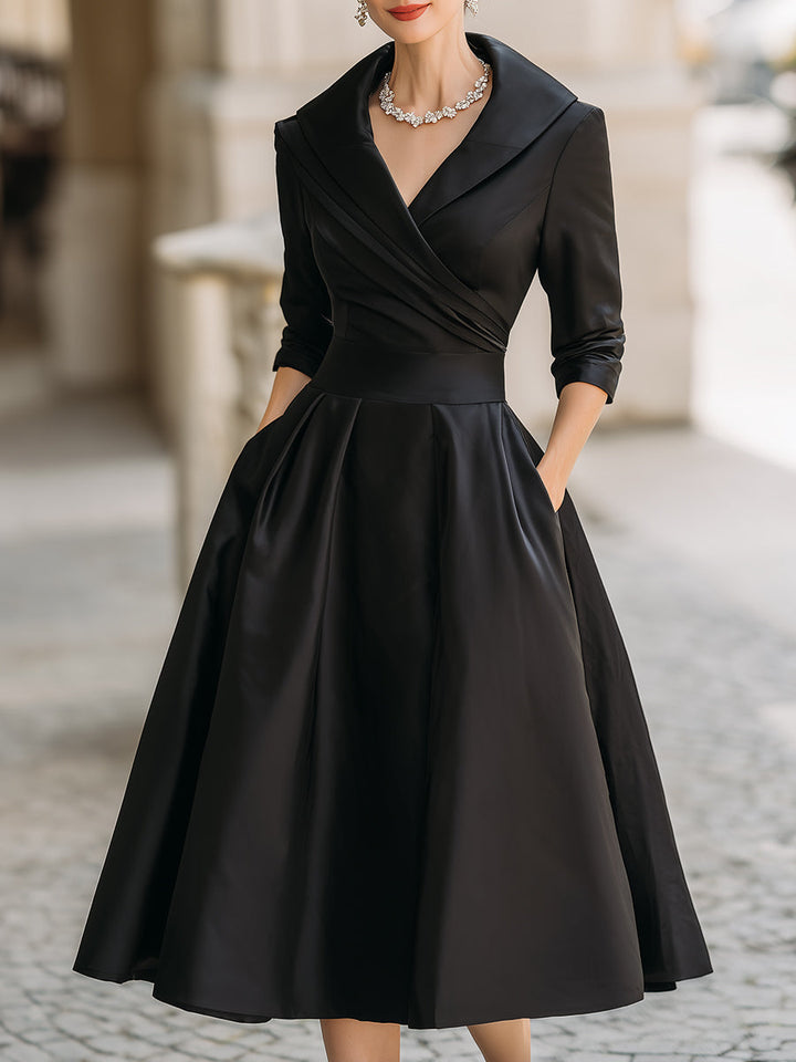 Elegant women's retro midi dress with a chic draped collar. Ideal for formal wear, evening, or party occasions.