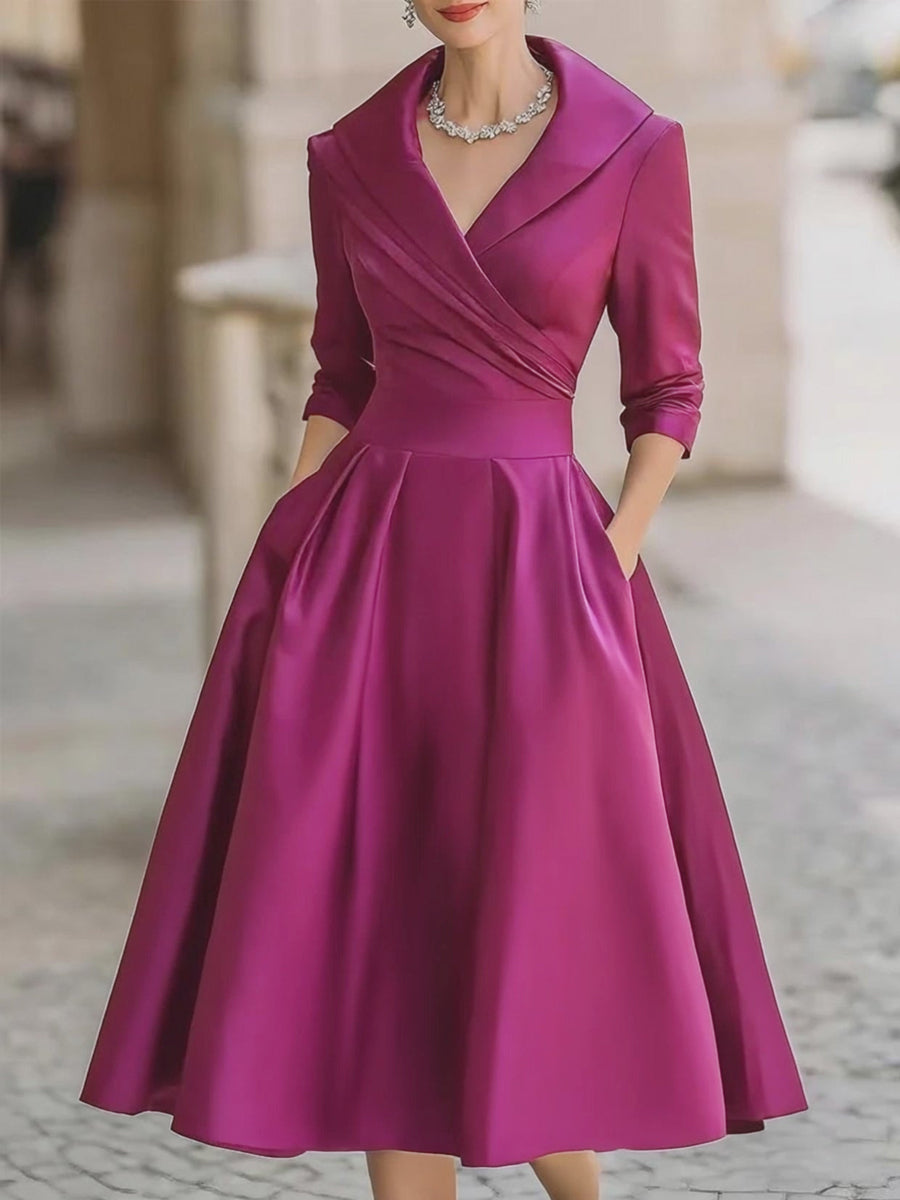 Sophisticated women's cocktail midi dress with an elegant draped collar. Perfect for formal parties.