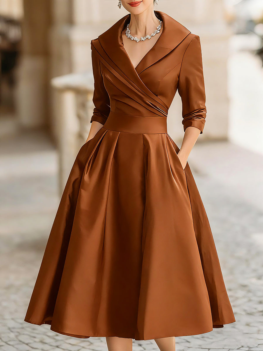 Stylish women's retro midi dress with a graceful draped collar. Suitable for formal events & special occasions.