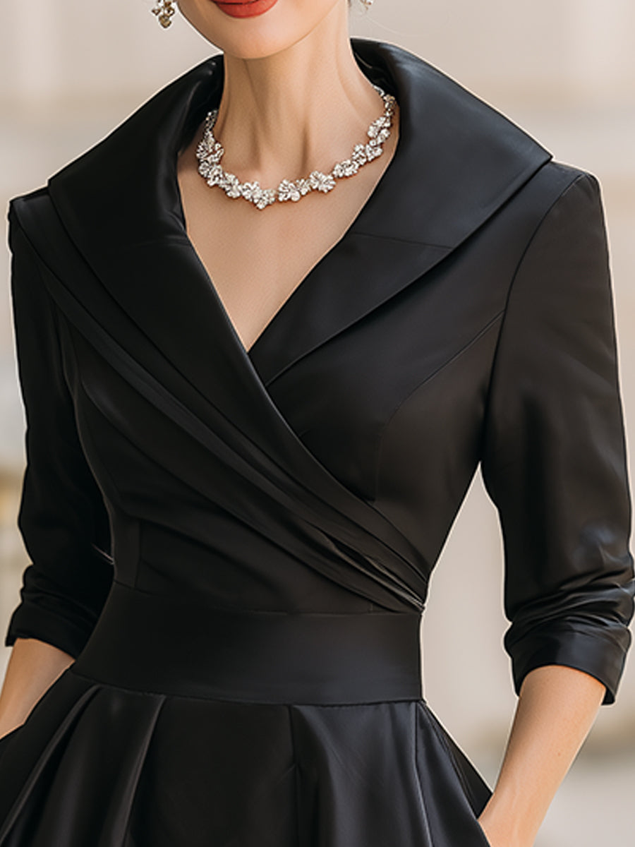 A-line women's retro midi dress with long sleeves & elegant draped collar. Perfect for formal and special occasions.