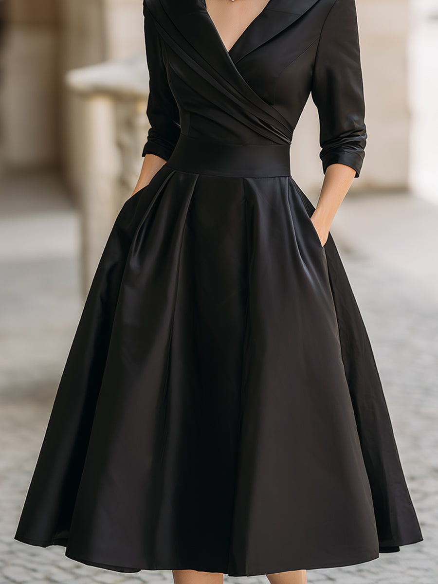 Sophisticated women's retro midi dress. Draped collar & A-line cut for elegant special occasions & evening wear.