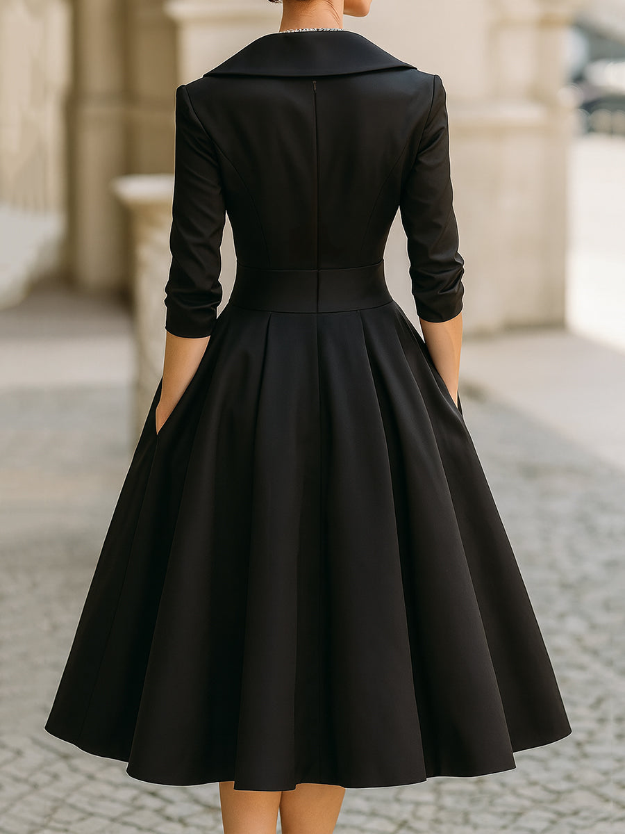 Chic women's retro party midi dress featuring a flattering draped collar. Great for cocktails & formal events.