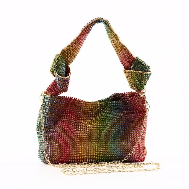 Close-up of a sparkling women's rhinestone clutch bag. Ideal for evenings, proms, and galas.