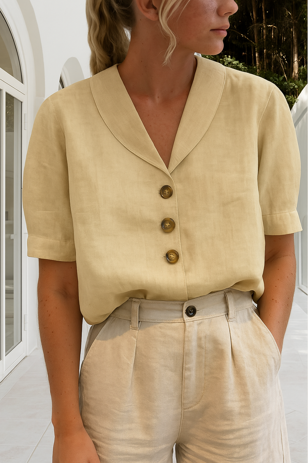 Versatile Rosalie short sleeve blouse for women, featuring a comfortable fit and elegant wrap neck for everyday chic.