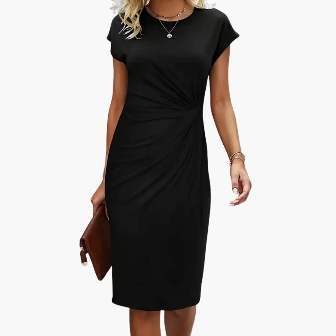 Elegant women's round neck short sleeve midi dress, perfect for office, dinner, or everyday sophisticated style.