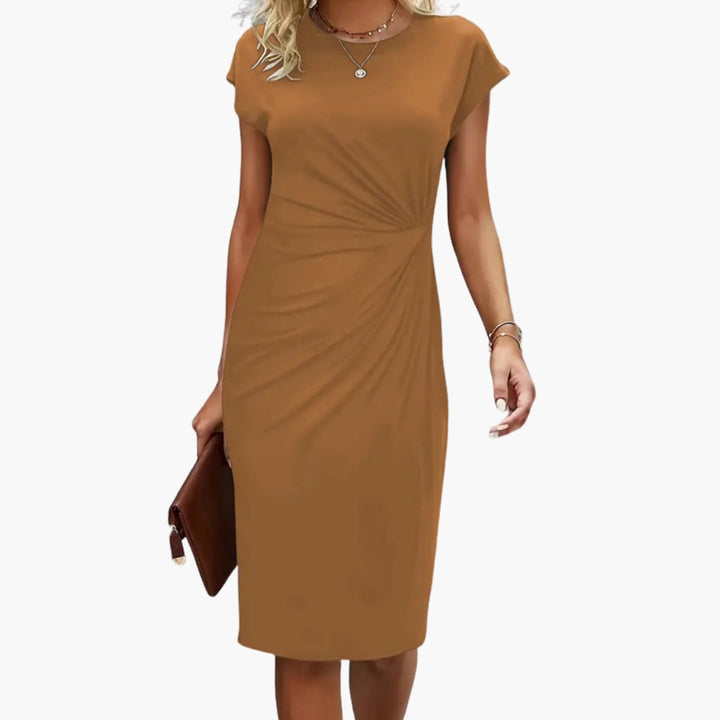 Stylish women's midi dress with round neck, short sleeves; elegant for office wear, dinner, or special events.