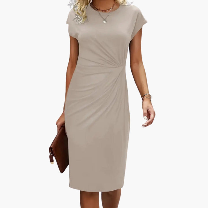 Fashionable women's elegant midi dress, featuring a round neck & short sleeves for a chic, all-season look.