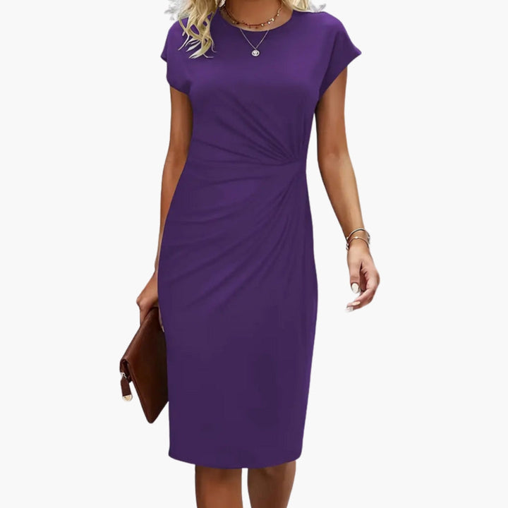 Sophisticated women's midi dress, elegant round neck and short sleeves, suitable for office, dinner, and classic style.