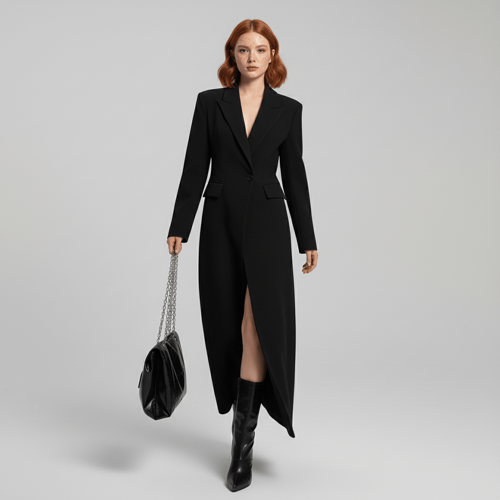 Warm ruby red women's long fitted winter coat, offering a structured and tailored look for cold weather elegance.