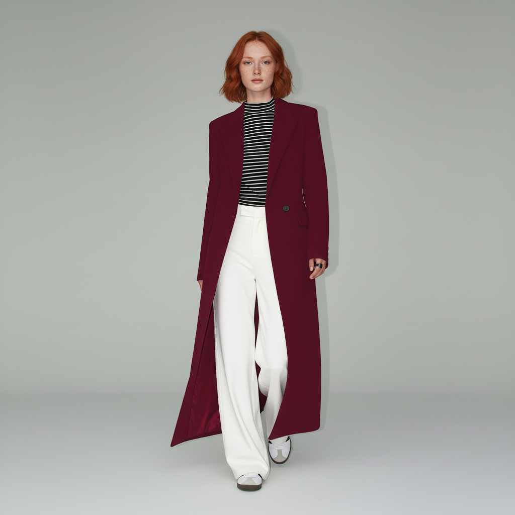 Stylish women's ruby tailored long coat with a single button, a sophisticated and fitted outerwear piece for fall.