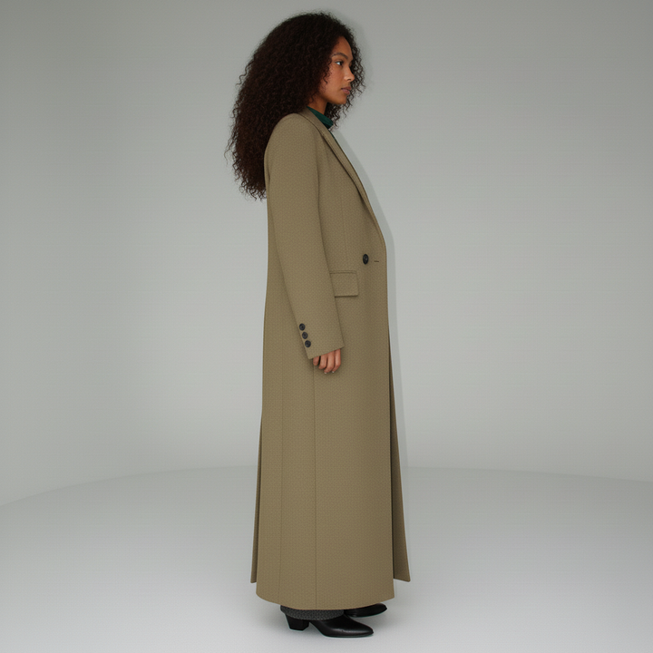 Classic ruby long tailored coat for women, featuring a slim fitted silhouette ideal for sophisticated fall fashion.